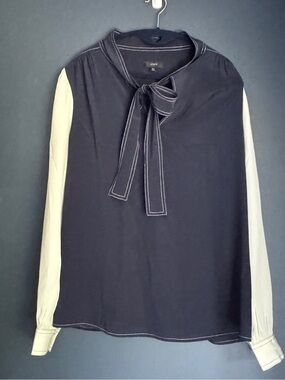 J. Crew Silk Blue Blouse with White Long Sleeves and Bow Neck